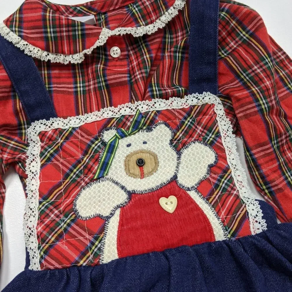 Vintage Goodlad Dress Outfit Girls Size 2T Red Plaid Teddy Bear Pinny